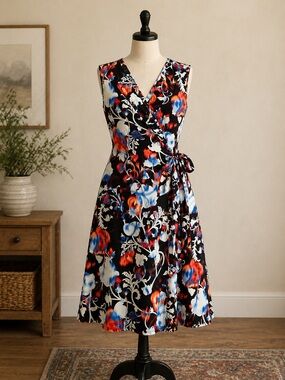 Dana Buchman Black Midi Wrap Dress with Red & Blue Floral Print